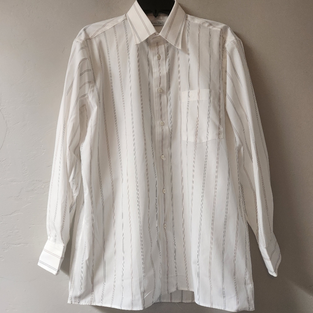 Vintage Christian Dior Plus de Coton Dress Shirt White Striped Size 16 Deadstock